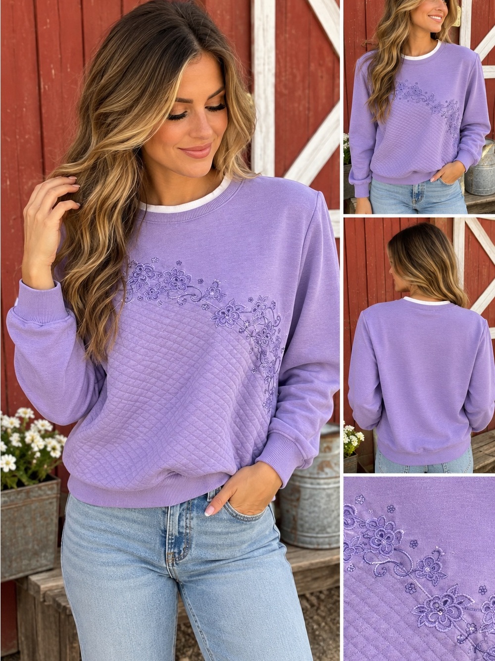 Vintage Alfred Dunner Purple Floral Embroidered Quilted Sweatshirt Shoulder Pads